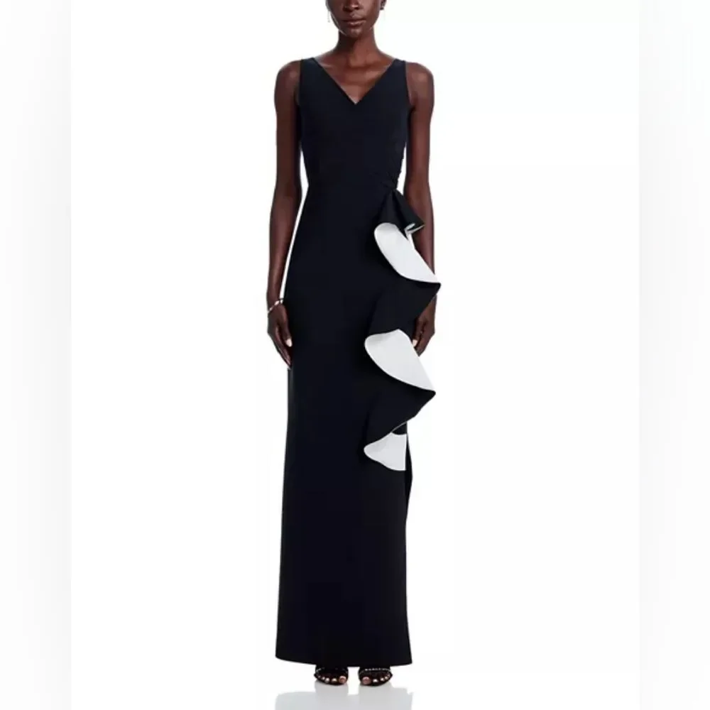 Chiara Boni La Petite Robe Sangiovanna Ruffle Long Gown Dress Black 12 NWT